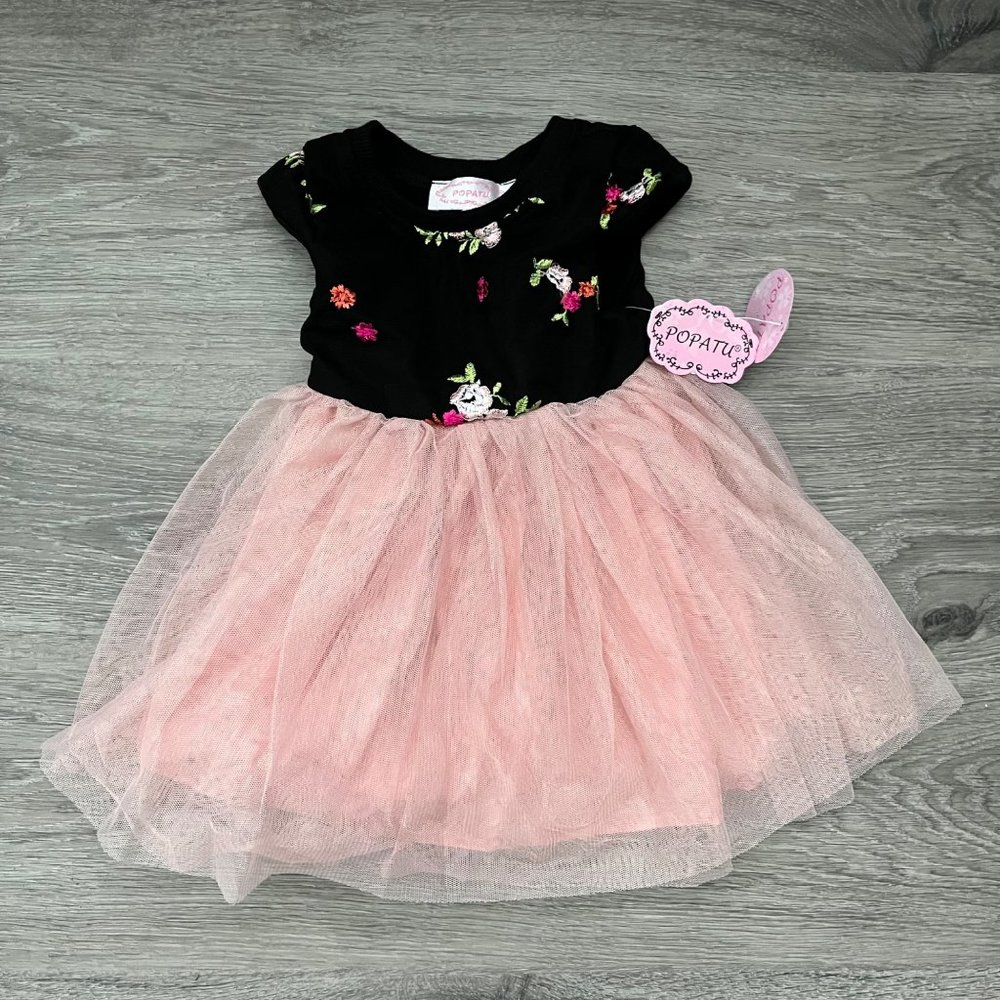NWT Baby Girl's Popatu Black Floral Embroidery Dusty Pink Tulle Dress Cap Sleeve